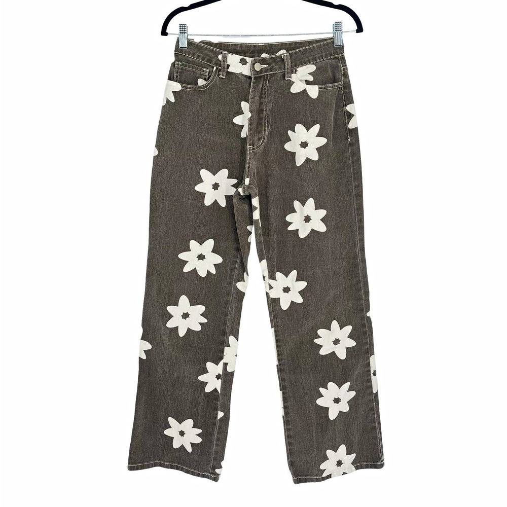 Baevely Womens Small Gray Floral Print Wide Leg Jeans High Rise Y2K Boho